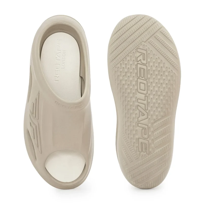 Red Tape slide showing top footbed view and textured bottom sole with brand name embossed for grip and style