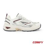 Left side profile of a white and maroon men's casual shoe, showcasing its mesh upper, silver overlays, and maroon detailing.