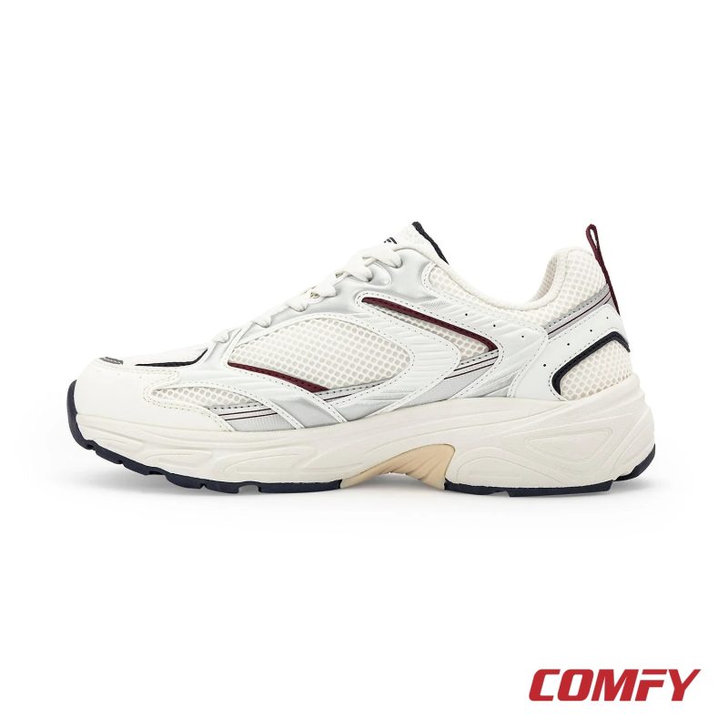 Right side profile of a white and maroon men's casual shoe, detailing its layered construction and durable sole for everyday wear.