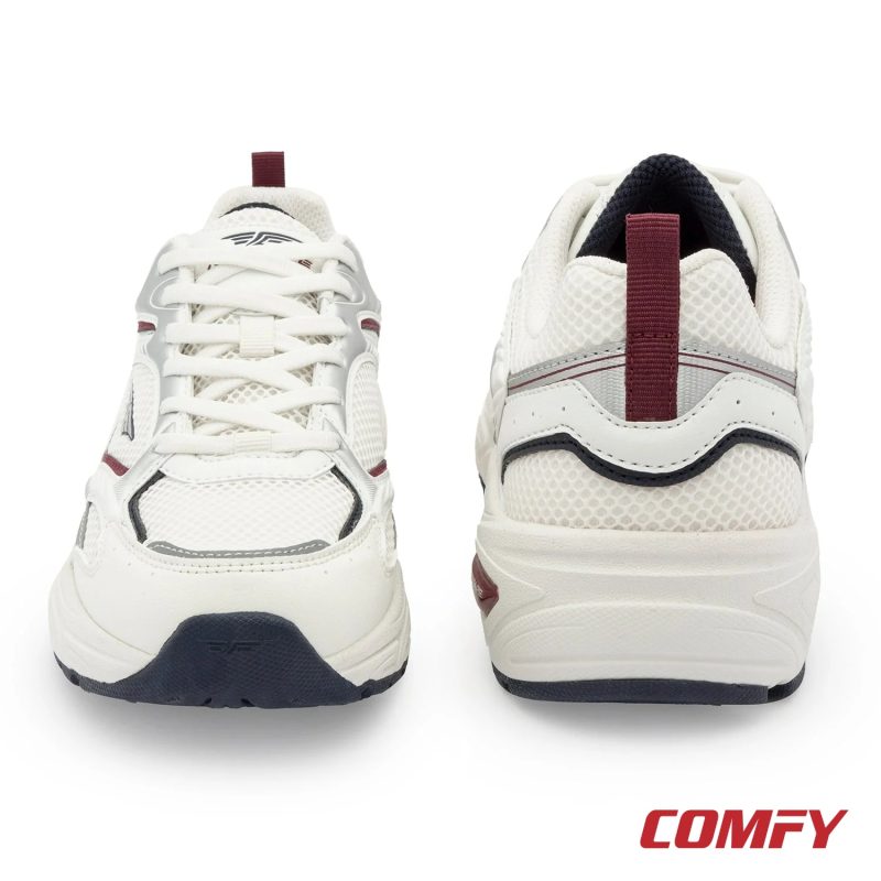 Front and back views of white and maroon men's casual shoes, highlighting toe design, lacing, and padded heel collar.