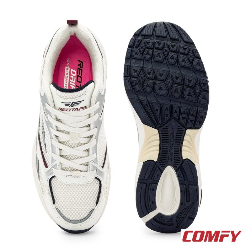 Top-down view of a white casual shoe and an inverted view of its navy and beige patterned sole, showing grip.