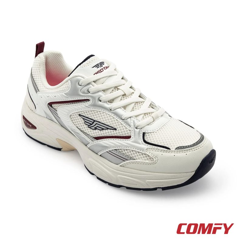 White and maroon men's casual shoe, Red Tape branded, shown from an overhead 3/4 angle, featuring mesh panels and a chunky sole.