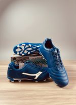 “Stylish Bengal blue football boots for men with white logo, durable synthetic leather soccer cleats for turf and grass.”