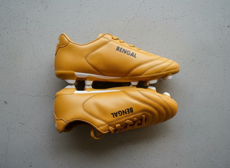 “Side view of Bengal golden football boots with white logo, synthetic leather soccer cleats displayed on box.”