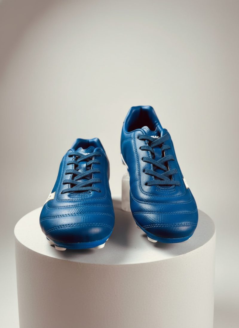 “Stylish blue Bengal football boots for men with white logo, durable design for soccer and turf play, shown with box.”