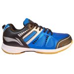 Right side profile of a blue and black Li-Ning badminton court shoe, emphasizing its ergonomic design and brand detailing for players.
