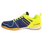Right side profile of a navy and lime Li-Ning badminton court shoe, showcasing mesh upper and yellow laces.
