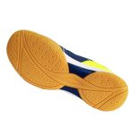 Underside view of Li-Ning badminton court shoe, showing orange gum rubber sole with hexagonal grip pattern for superior traction.