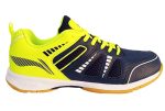 Left side profile of a navy and lime Li-Ning badminton court shoe, highlighting Cushion N technology.