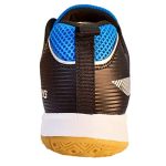 Back view of a blue and black Li-Ning badminton court shoe, showing the supportive heel, padded ankle, and durable construction for stability.