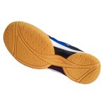 Underside view of a Li-Ning badminton shoe sole, highlighting the non-marking gum rubber with a hexagonal and linear grip pattern for superior court traction.