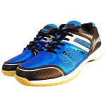 Pair of new Li-Ning badminton court shoes in blue and black, featuring a stylish design perfect for court performance and comfort.