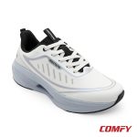 White athleisure sports shoe for men, shown from a front-right angle, featuring a sculpted light grey sole and breathable upper.