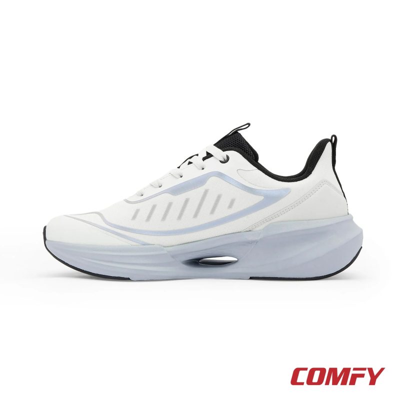 Left side profile of a men's white athleisure sports shoe, highlighting the modern sole and breathable mesh upper.
