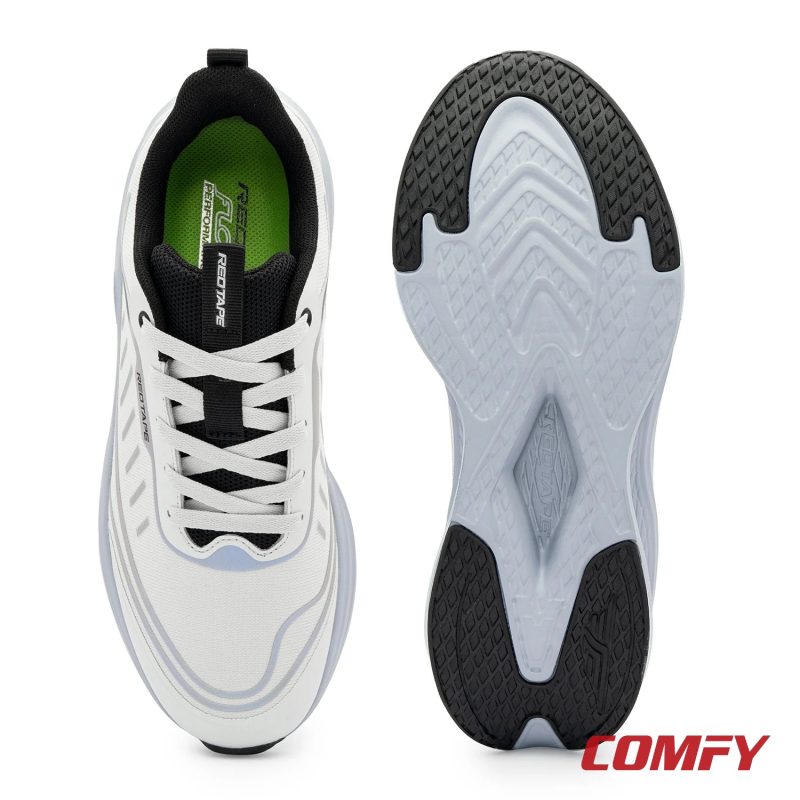 Top-down view of men's white athleisure shoes and a detailed shot of the durable, high-traction outsole.