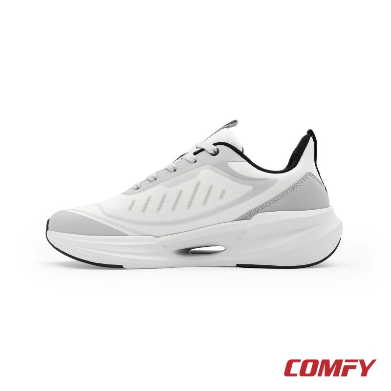 Right side view of Red Tape grey and white athleisure sports shoe for men, highlighting sole and mesh details.