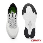 Top-down view and sole view of Red Tape white and grey athleisure sports shoes for men, displaying tread.