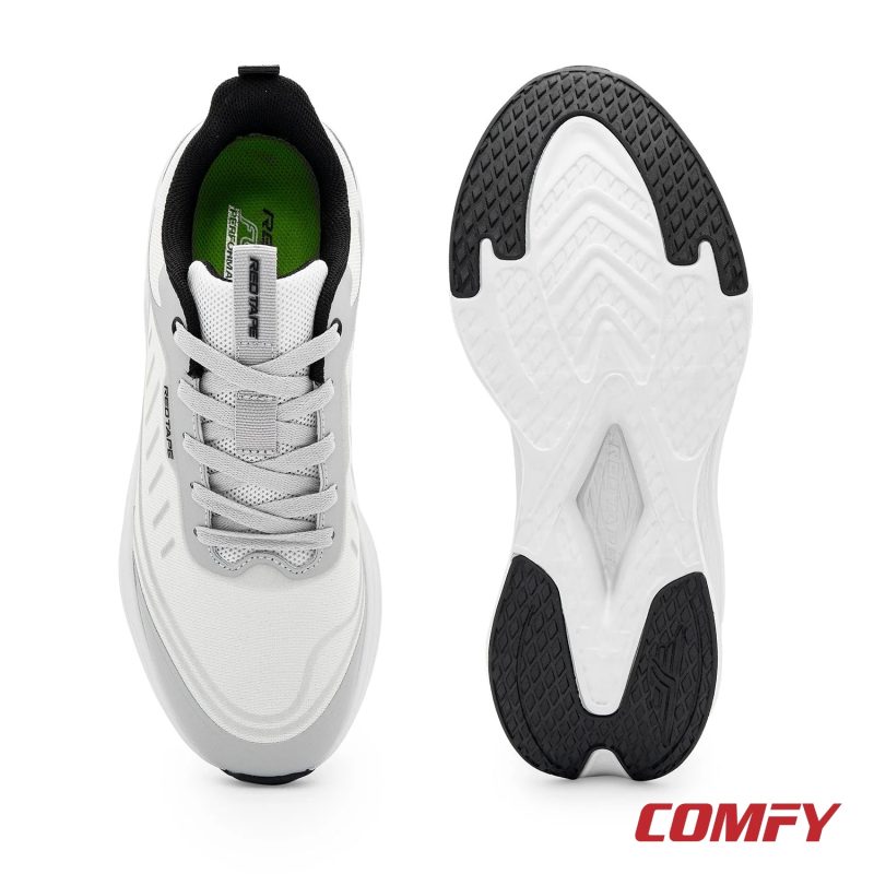 Top-down view and sole view of Red Tape white and grey athleisure sports shoes for men, displaying tread.