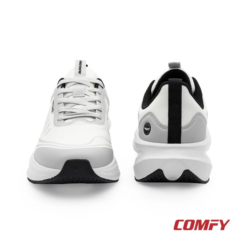 Front and back view of Red Tape white and grey athleisure sports shoes for men, showing toe and heel details.