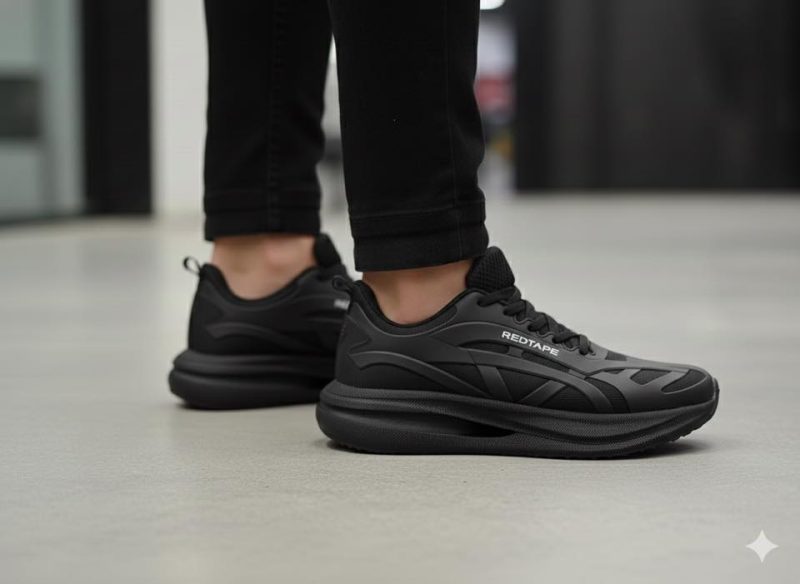 Person wearing Red Tape black athleisure shoes with black pants on a grey tiled floor, highlighting the shoe's sleek silhouette and bold sole.