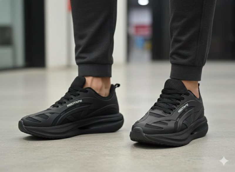 Close-up of Red Tape black athleisure shoes worn with dark grey jogging pants on a tiled floor, showing casual everyday style.