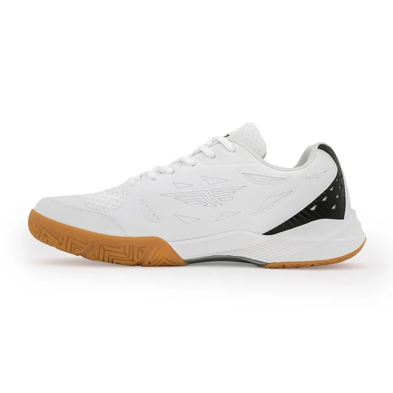 Side view of white Redtape men's badminton shoes, showcasing breathable mesh upper, black heel detail, and durable gum sole.