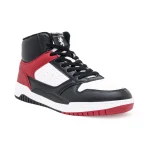 Single Red Tape men's high-neck casual sneaker, black, red, white, front-side three-quarter view, white background.