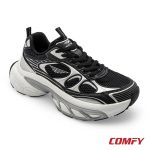 Angled front view of a Red Tape women's black and silver chunky casual shoe with a distinctive white sole.