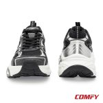 Front and back views of a Red Tape women's black and silver chunky casual shoe on a white background.
