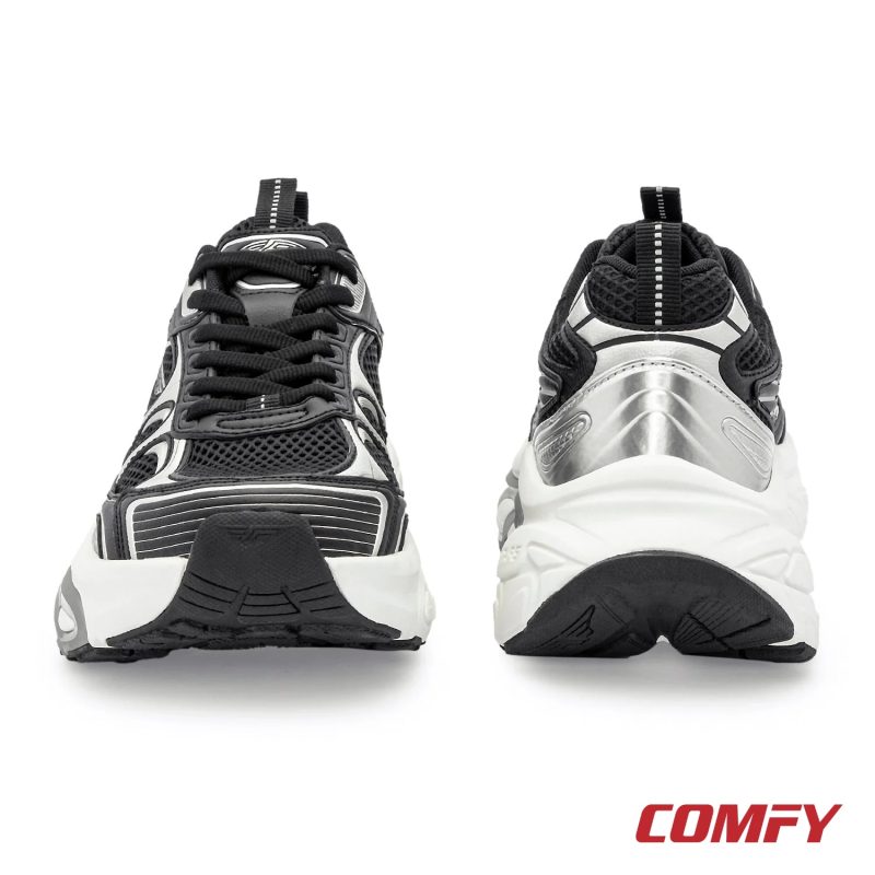Front and back views of a Red Tape women's black and silver chunky casual shoe on a white background.