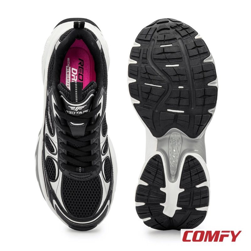 Top view of a Red Tape black and silver chunky casual shoe and a full view of its grippy sole.