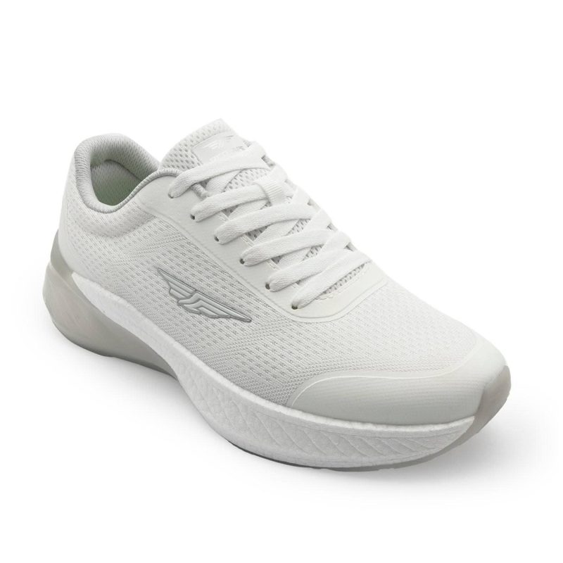 Men’s white lightweight lace-up sneakers with breathable mesh upper and cushioned sole