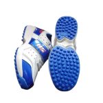 Blue and white HS HIPRO cricket shoes with rubber studded sole for strong ground grip