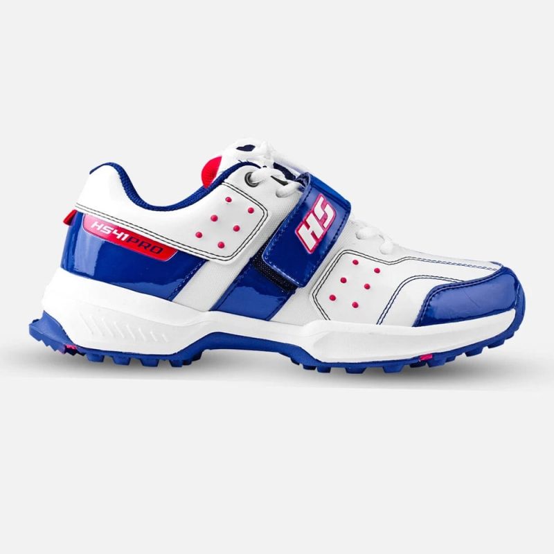 Blue and white HS HIPRO cricket shoes with rubber studded sole for strong ground grip
