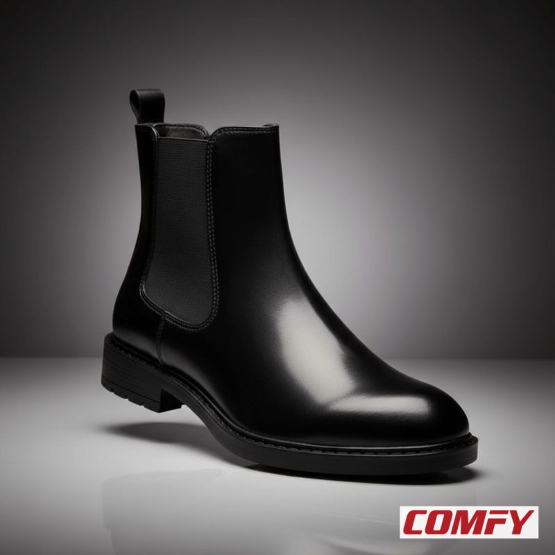 Elegant men's black leather Chelsea boot angled on a reflective surface, showcasing its refined form and polished finish.