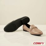 Brown and black chain loafers displayed on a marble surface, with the black loafer's textured sole visible.