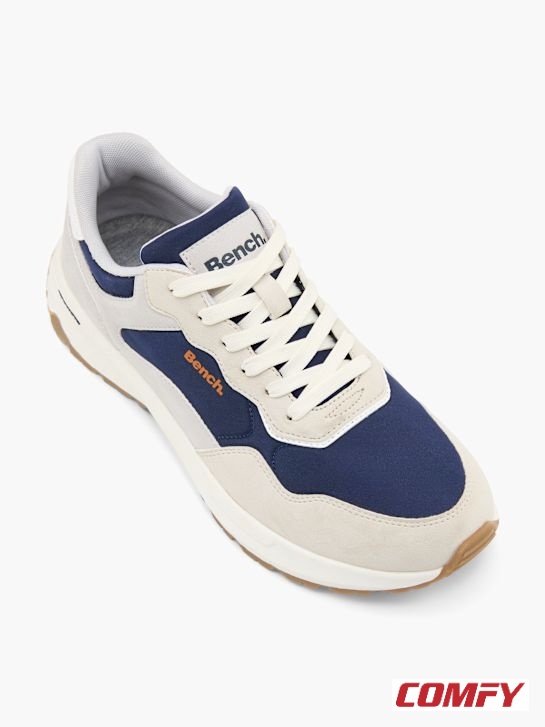 Bench Classic men's white and blue casual sneakers from a top-down angle, highlighting the two-tone design and white laces.