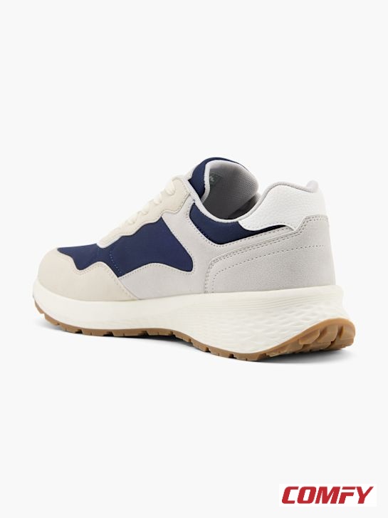 Rear view of a Bench Classic white and blue men's sneaker, showcasing the heel support and textured brown rubber outsole.