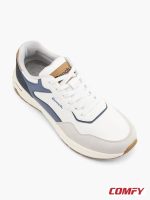 Angled top-down view of Bench Premium Navy Contrast Lifestyle Sneakers, featuring white, navy, light blue, tan accents, and white laces.