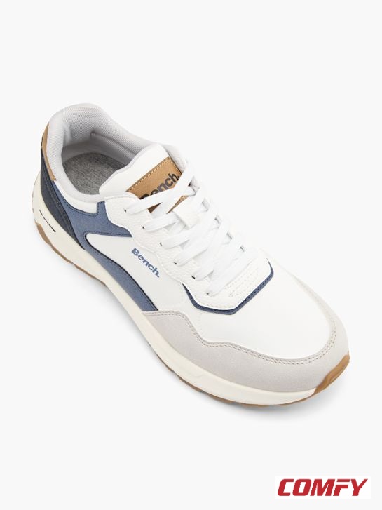 Angled top-down view of Bench Premium Navy Contrast Lifestyle Sneakers, featuring white, navy, light blue, tan accents, and white laces.