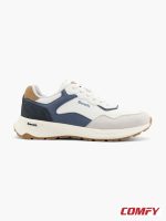 Full side profile of Bench Premium Navy Contrast Lifestyle Sneaker, displaying white, navy, light blue, and tan color blocking with 'Bench.' logo.