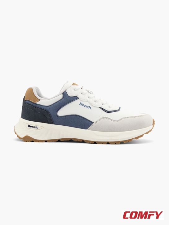 Full side profile of Bench Premium Navy Contrast Lifestyle Sneaker, displaying white, navy, light blue, and tan color blocking with 'Bench.' logo.