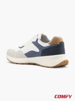 Rear side view of Bench Premium Navy Contrast Lifestyle Sneaker, showing supportive heel, navy/light blue panels, tan accent, and cushioned white midsole.