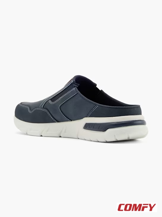 Rear-side view of a navy blue Memphis One half-shoe, highlighting its backless design and robust white outsole for support and grip.