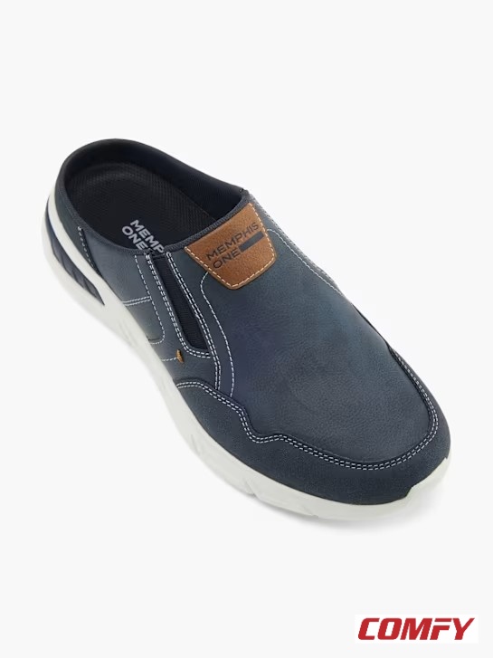 Navy blue Memphis One men's half-shoe, slip-on style with white sole and contrast stitching, brown brand detail. Ideal for casual comfort.