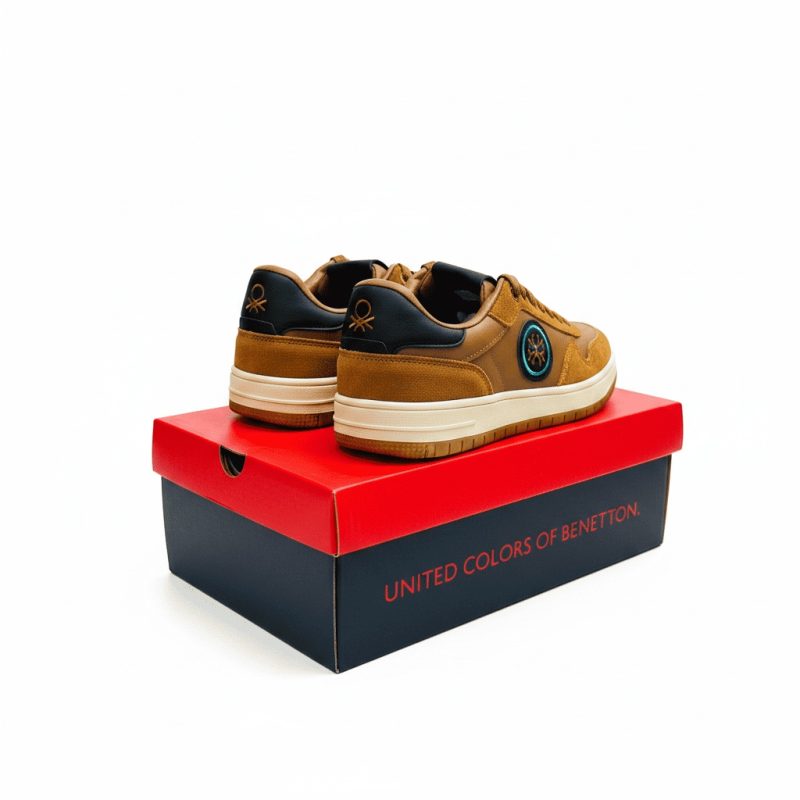 Rear view of Benetton men's brown and tan lifestyle sneakers with dark blue accents, sitting on a red and black Benetton shoe box.