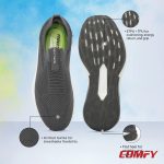 Infographic of ETPU walking slip-on shoes showing sole grip, knitted fabric, and flat heel stability.