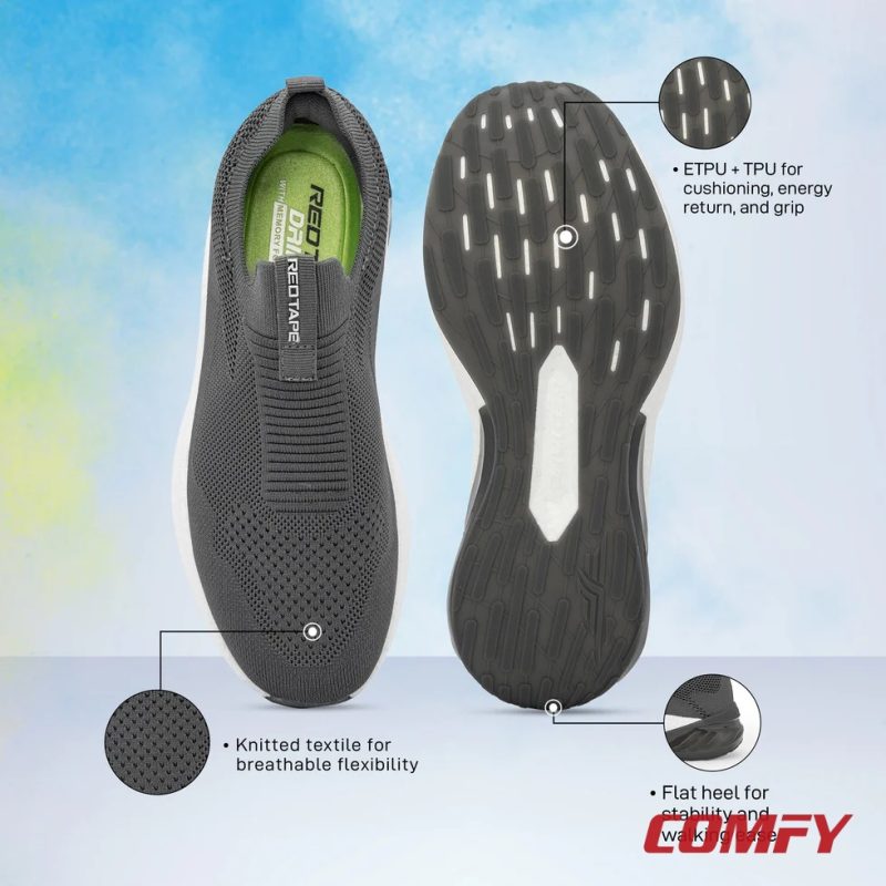 Infographic of ETPU walking slip-on shoes showing sole grip, knitted fabric, and flat heel stability.