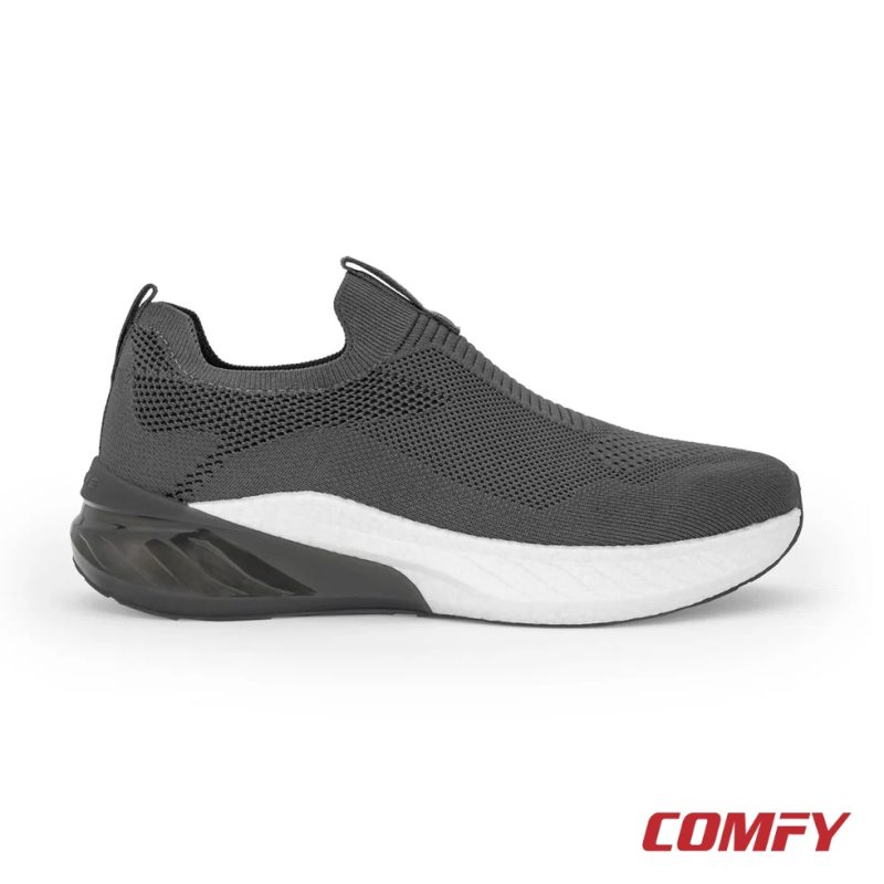 Side profile of a grey ETPU slip-on walking shoe showing the textured white midsole and heel support.