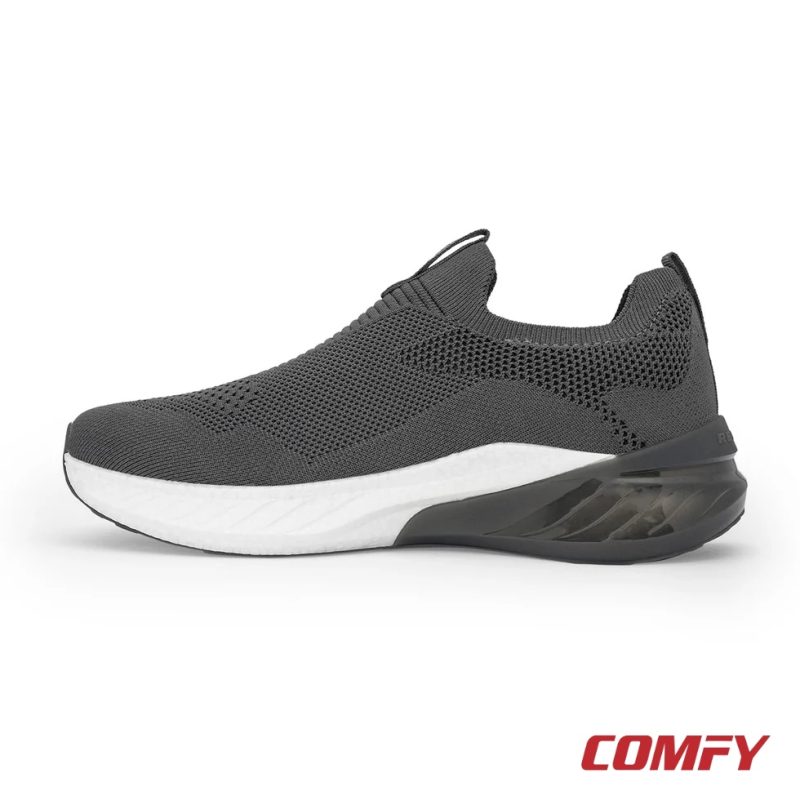 Medial side view of a grey ETPU slip-on walking shoe with supportive cushioned white midsole.